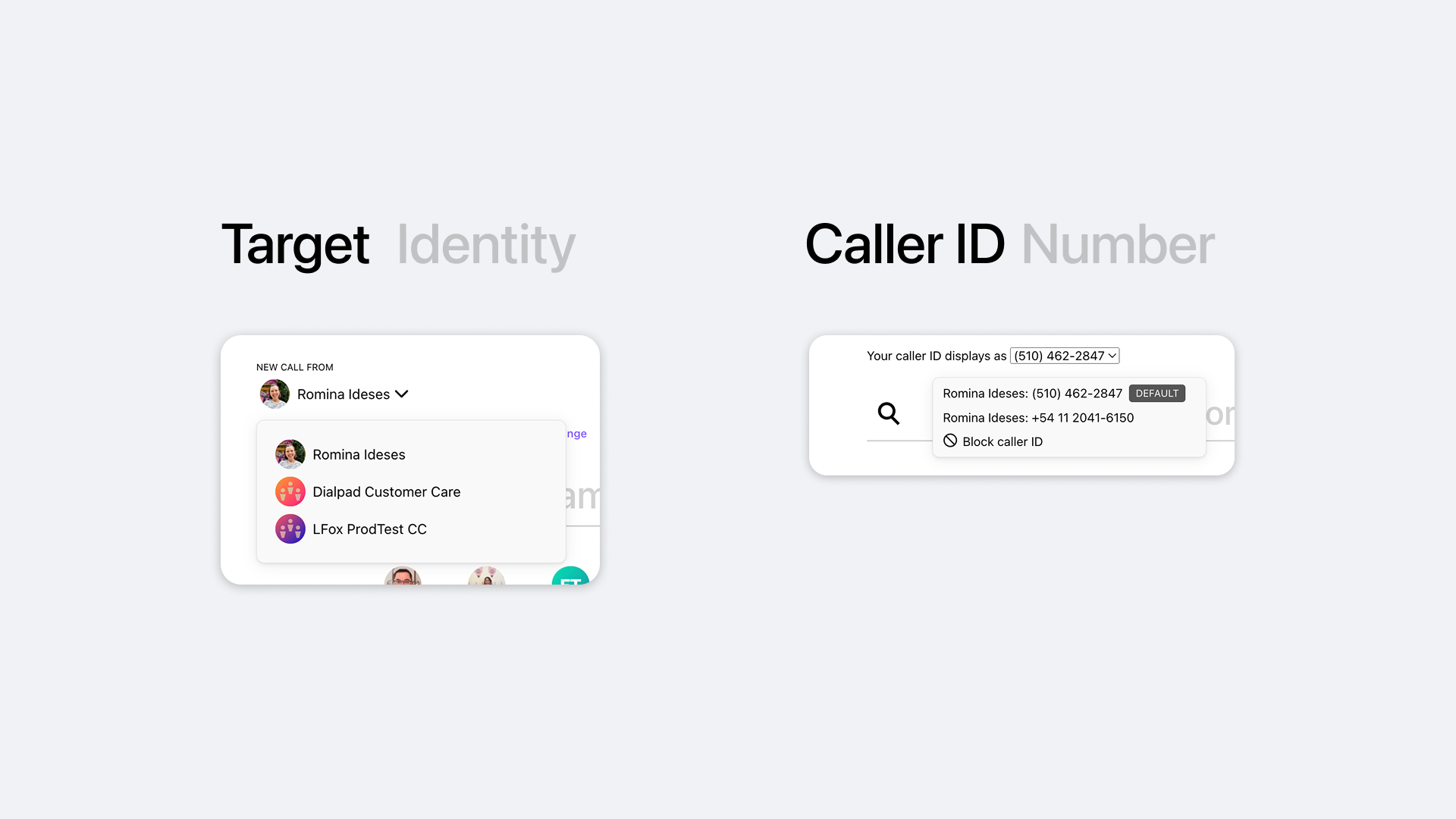 Desktop — Target Identity and Caller ID as separate controls